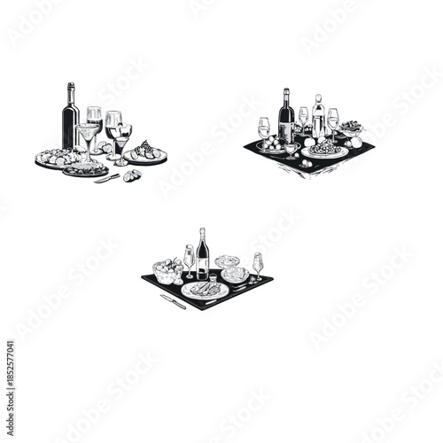 La Dolce Vita French Sicily Style Hand-Drawn Ink Sketches of Food and Wine