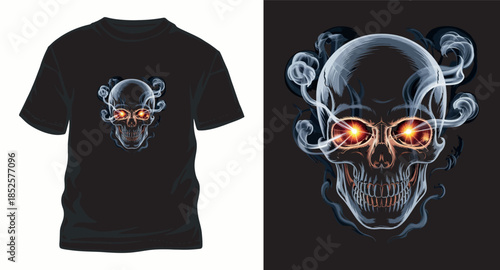 Evil skull with smoke and burning eyes vector illustration on black t-shirt mockup and dark background for t-shirt design