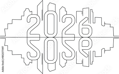 Futuristic cityscape illustration with year 2026 displayed prominently in a sleek design