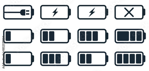 Battery vector icon collection featuring black