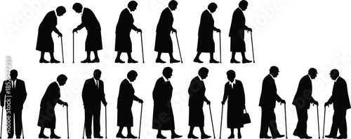 Set of elderly people silhouettes with walking sticks and canes, senior men and women walking isolated on a white background, aging.
