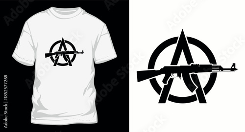 Anarchy symbol with automatic rifle representing rebellious themes and counterculture statements