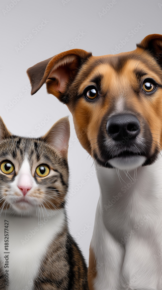 Fototapeta premium Dog and cat portrait side by side against a neutral studio background showing companionship. 