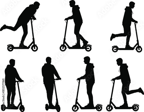 Teen boy silhouette riding kick scooter in multiple poses, urban transport activity, modern lifestyle motion concept, isolated black vector illustration