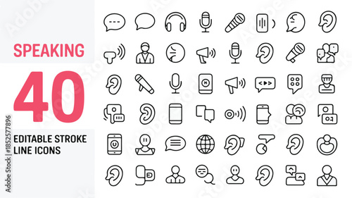 40 Editable Minimalist Stroke Line Icons Representing Communication, Speech, and Audio Concepts