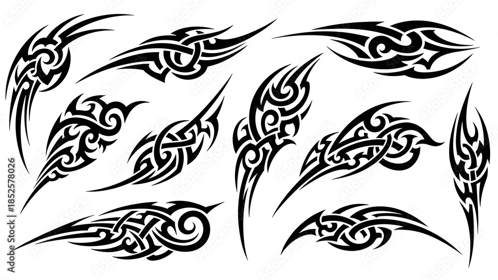 Fototapeta premium Abstract Tribal Wing Set Black Silhouette Vector Illustration, Ethnic Flame Curve Ornament Tattoo Design Collection Isolated on White Background