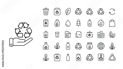 Diverse collection of 40 minimalist line vector icons representing ecology, recycling, and sustainable environmental practices for web and print