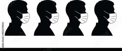 Set of male head silhouettes wearing medical face masks for protection against virus and flu, social distancing safety concept on white.