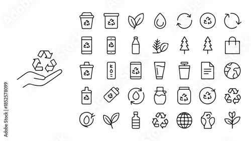 A collection of 40 minimalist icons representing eco-friendly choices and sustainability, perfect for environmental themes