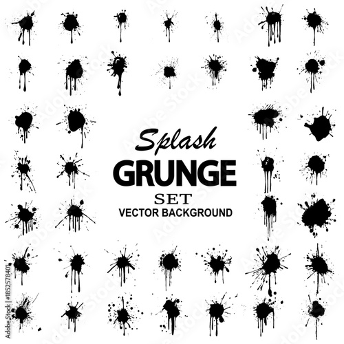 Ink blots. Black ink paint splatter, drops and splashes. Inking spray stains, dripping liquid. Muddy inkblot flecks silhouettes isolated. Vector set illustration