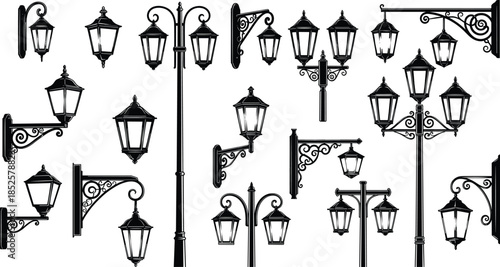 Set of vintage street lamp silhouettes and ornate outdoor lanterns, classic Victorian style garden lighting fixtures isolated on white background.
