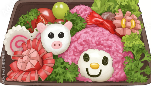 Festive Meat Platter With Pig And Snowman Faces Surrounded By Green Garnishes And Colorful