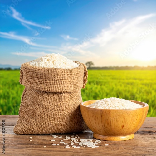 Burlap sack and wooden bowl of white rice against a backdrop of a rice paddy