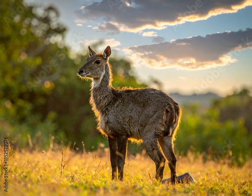 A young deer stands proudly in golden, sunlit grassy meadow
