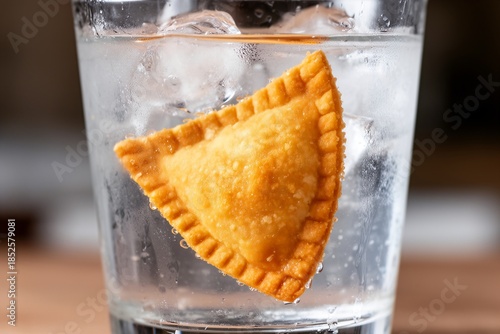 Golden Crispy Food Pieces Floating in Icy Water Glass