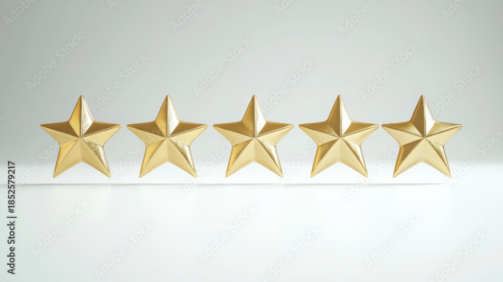 Fototapeta premium Close up of five gold star symbols arranged symmetrically on a smooth surface, showcasing their shiny texture and reflecting light beautifully