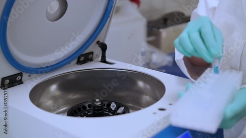 Woman hands in rubber gloves insert test tubes to centrifuge in chemical laboratory 