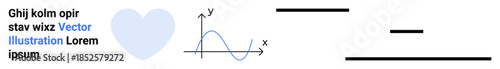 Education, design layout, infographics, data visualization, concept development, graphic design. Text block, heart icon sine wave graph and horizontal lines. Education and design layout