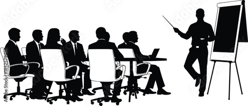 Silhouette of a professional business presentation, male speaker with pointer showing flip chart to a corporate team in office meeting.