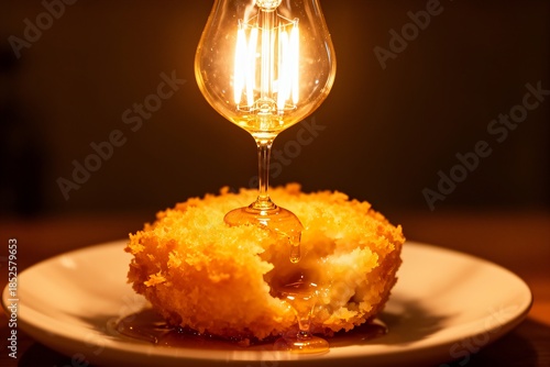 Golden Fried Dessert Dripping with Honey Under a Glowing Lightbulb