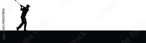 Silhouette of a professional male golfer swinging a club on a minimalist landscape background, golf sports action and active lifestyle.