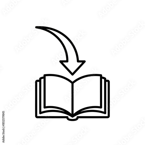 Line icon illustration of open book with downward arrow pointing into it.