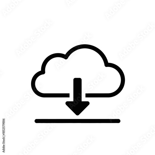 Simple black line icon depicting cloud download symbol with arrow.