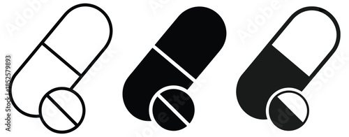 Capsule medicine vector icons including pills, dosage symbols, prescription signs, healthcare treatment graphics, pharmaceutical elements, medical service