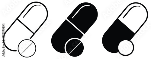 Capsule pills icons set featuring medicine dosage symbols, prescription and healthcare signs, medical treatment graphics