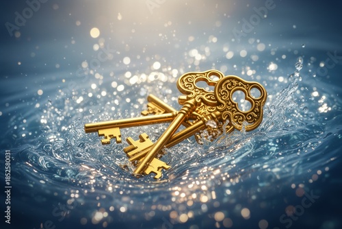 Golden Keys Surrounded by Sparkling Water Abstract Surreal Image