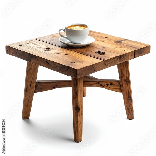 Small square wooden side table, latte cup on top