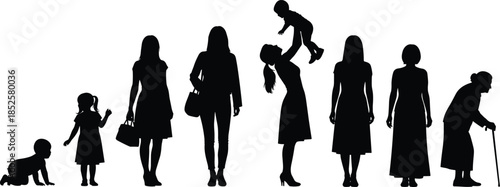 Silhouette of female life cycle stages showing aging process from baby and childhood to motherhood and elderly woman with cane