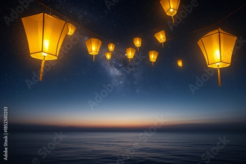 Golden Lanterns Glow in a Starry Night Sky Over a Calm Ocean