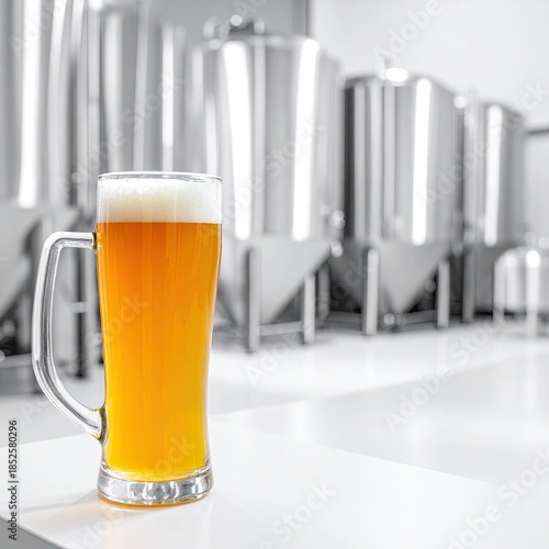 Light beer in a glass, surrounded by stainless steel brewing tanks (1)