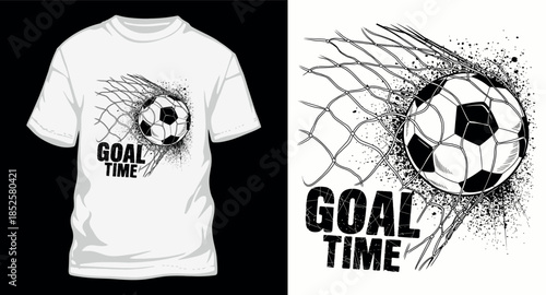 A soccer ball design with grunge texture featuring a goal and net, perfect for t-shirt prints and apparel