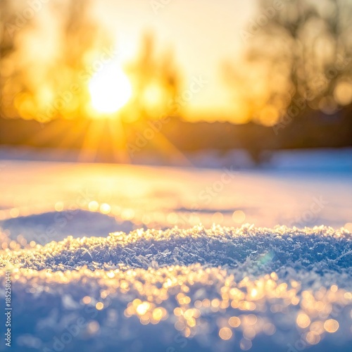 Golden sunset over a winter wonderland.  Close-up snow crystals sparkle in the warm light.  Blurred trees and sky in the background