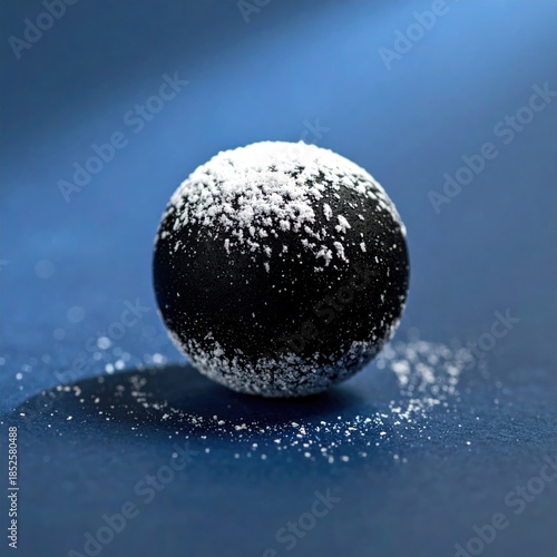 Dark sphere, dusted with white powder, sits on a vibrant blue surface