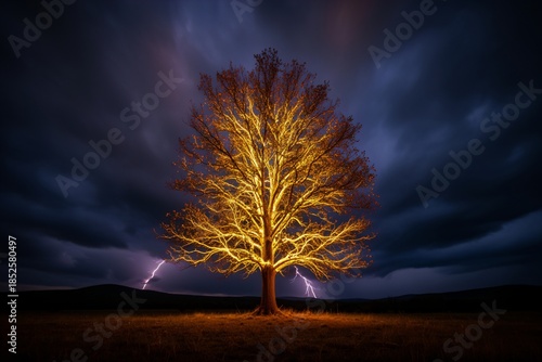Golden Lightning Tree in Dramatic Night Sky