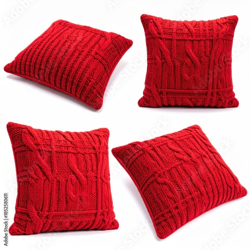 Four red textured throw pillows, angled views