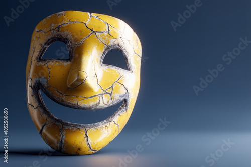 Cracked yellow comedy mask on dark background, symbolizing hidden emotions