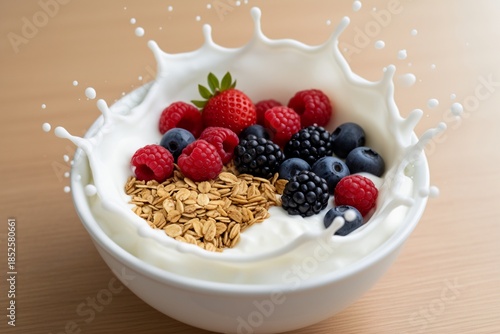 Granola with Yogurt and Fresh Berries in a Splashing Bowl