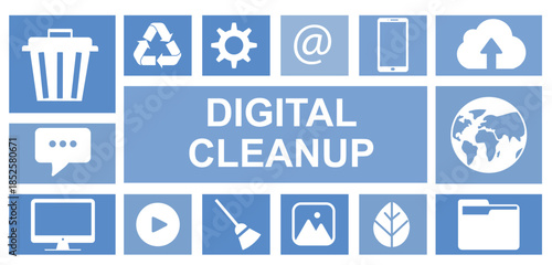 Digital cleanup banner with white technology and recycling icons, symbolizing online decluttering and sustainable digital habits for web campaigns. Digital sobriety concept. Vector illustration