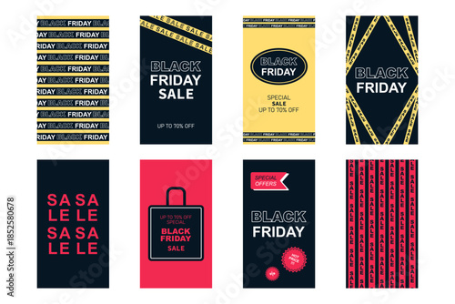 Black Friday Sale. Set of 8 vertical web banners for smartphones stories. Black, pink and yellow. Barrier tape with inscriptions. Vector illustration. Template, layout, poster and banner for sales, di