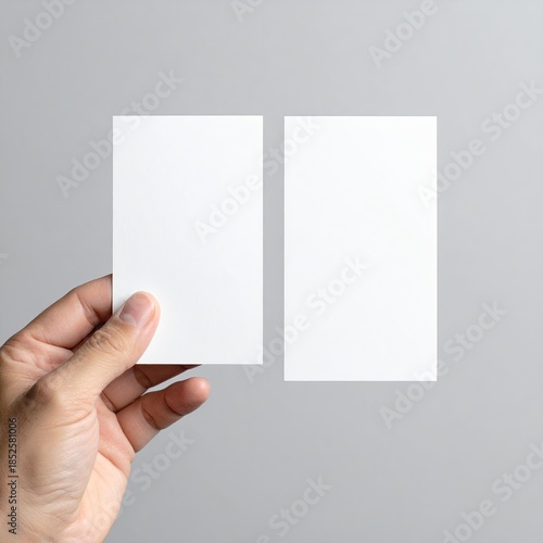 A hand holds two blank business cards