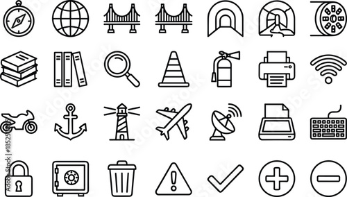 Minimal line icon set featuring travel navigation safety technology and interface symbols for web apps presentations and infographics
