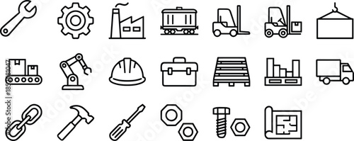 Industrial line icon set with factory construction logistics tools machinery and manufacturing symbols for web app interface design