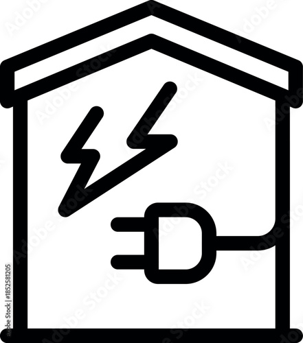 Simple black icon of an electrical plug connecting to a house, representing power supply and energy distribution