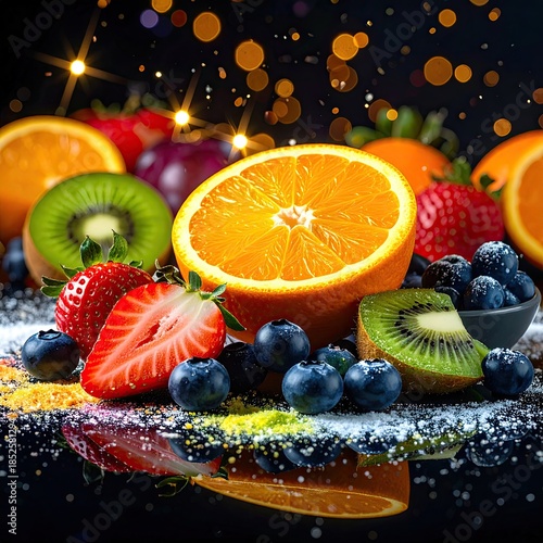 Vibrant fruit medley on dark background