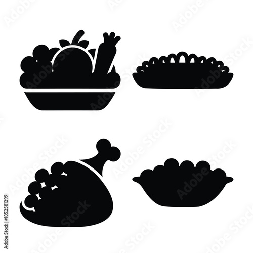 Food silhouette icons set: fresh produce, poultry, dessert