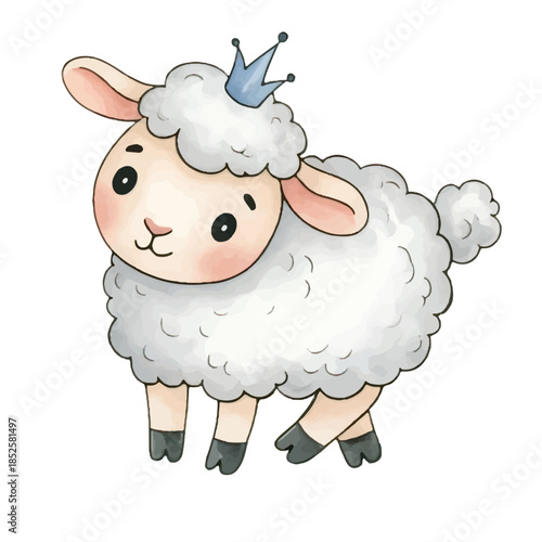 Cute Fluffy White Sheep Character with Flower on Head Illustration